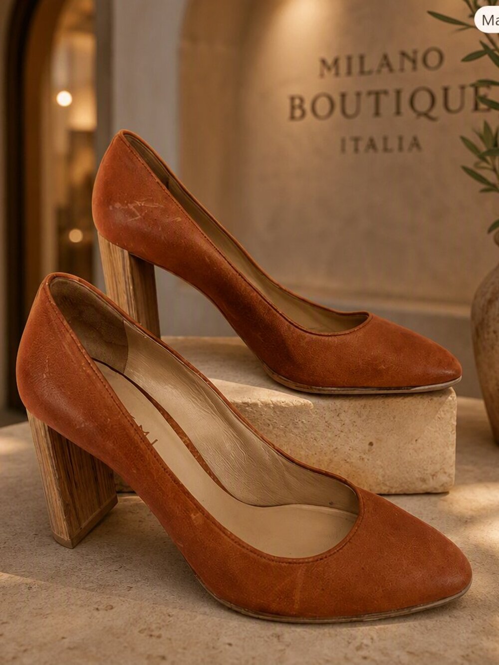 M. Gemi Cognac Leather Block Heel Pumps Size 36.5